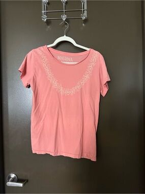 Mahina Coral Pink Short Sleeve Tee with White Embroidered Neckline